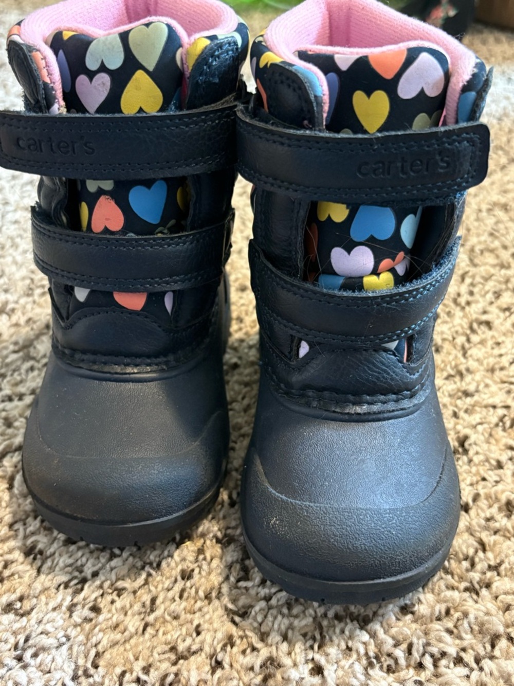 Kids Black Rain & Snow Boots with Multicolor Heart Print - Pink Lining - Picture 3 of 7